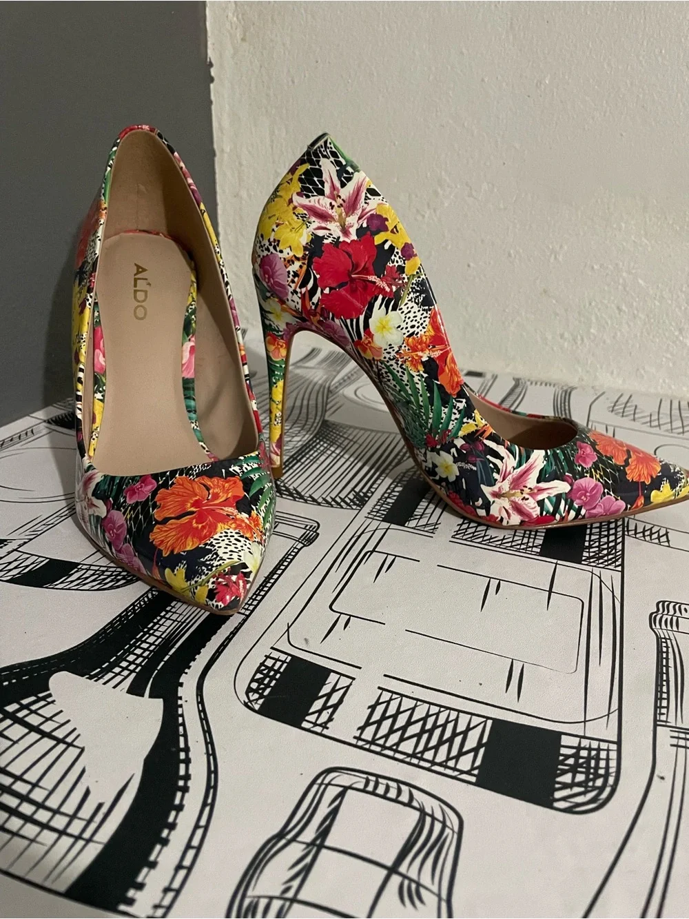 ALDO Floral Pointed-Toe Stiletto Heels in Black, Green, Orange, Pink
